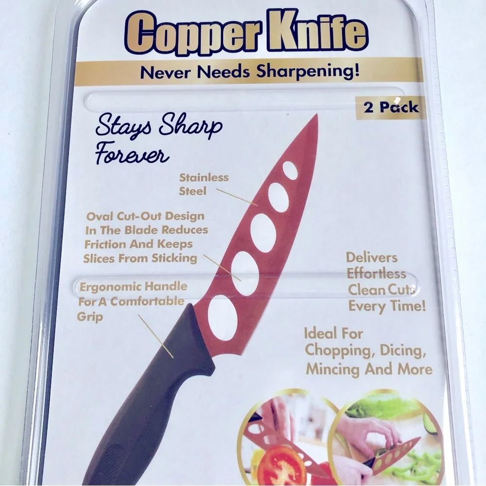 NEW Copper Knife 2 Pack Stainless Steel Copper Coating Stays Sharp Forever 9.75”